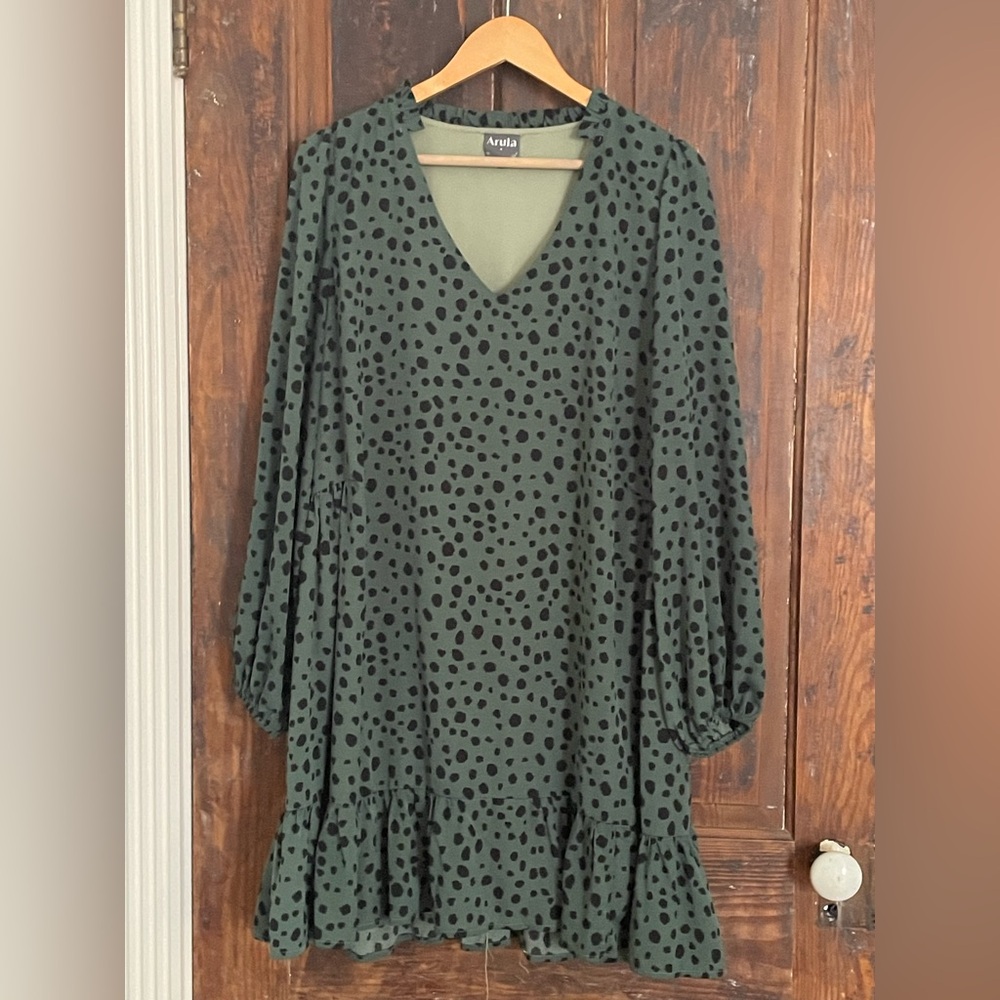 Arula Drop Waist Dress Green Black Dot Long Sleeve V-Neck Size 1X